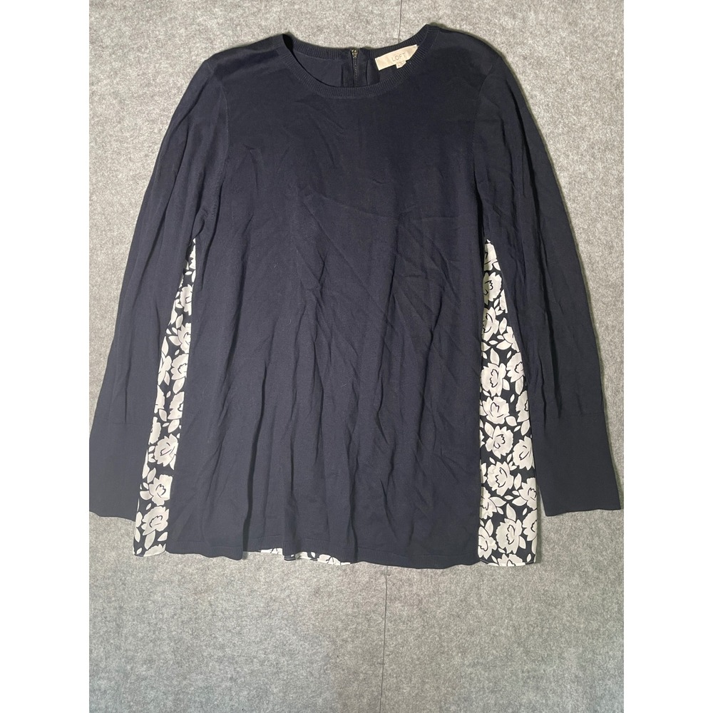 LOFT Navy Blue Mixed Media Floral Back Sweater Size XL Long Sleeve Zip Back